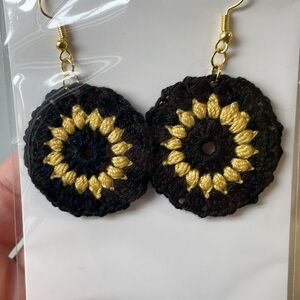 Handmade Crochet sunflower Earrings Boho, chic, lightweight black & yellow